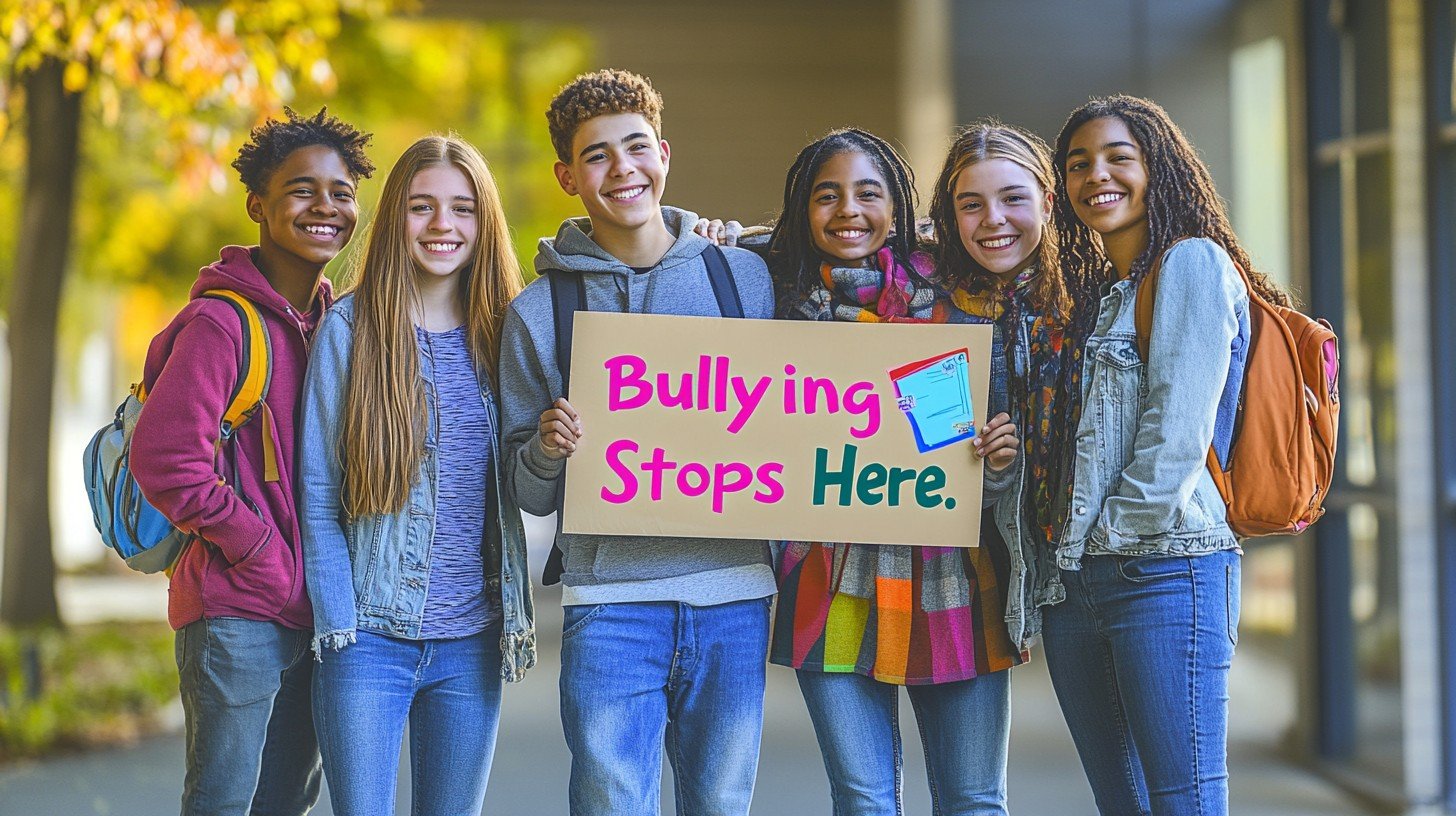 A group of students with a sign that says Bullying Stops here.