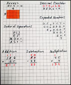 Image 2 of 4. Image of graph paper showing uses for multiplication, expanded numbers, subtraction and addition.