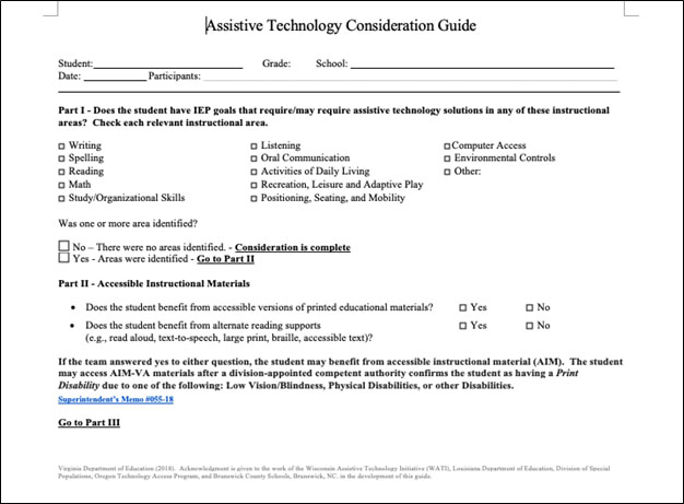 Image of the Virginia AT Consideration Guide.